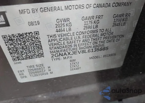 2020 Chevrolet Equinox Fwd 2Fl из США, поврежденный, VIN 2GNAXJEV8L6135885